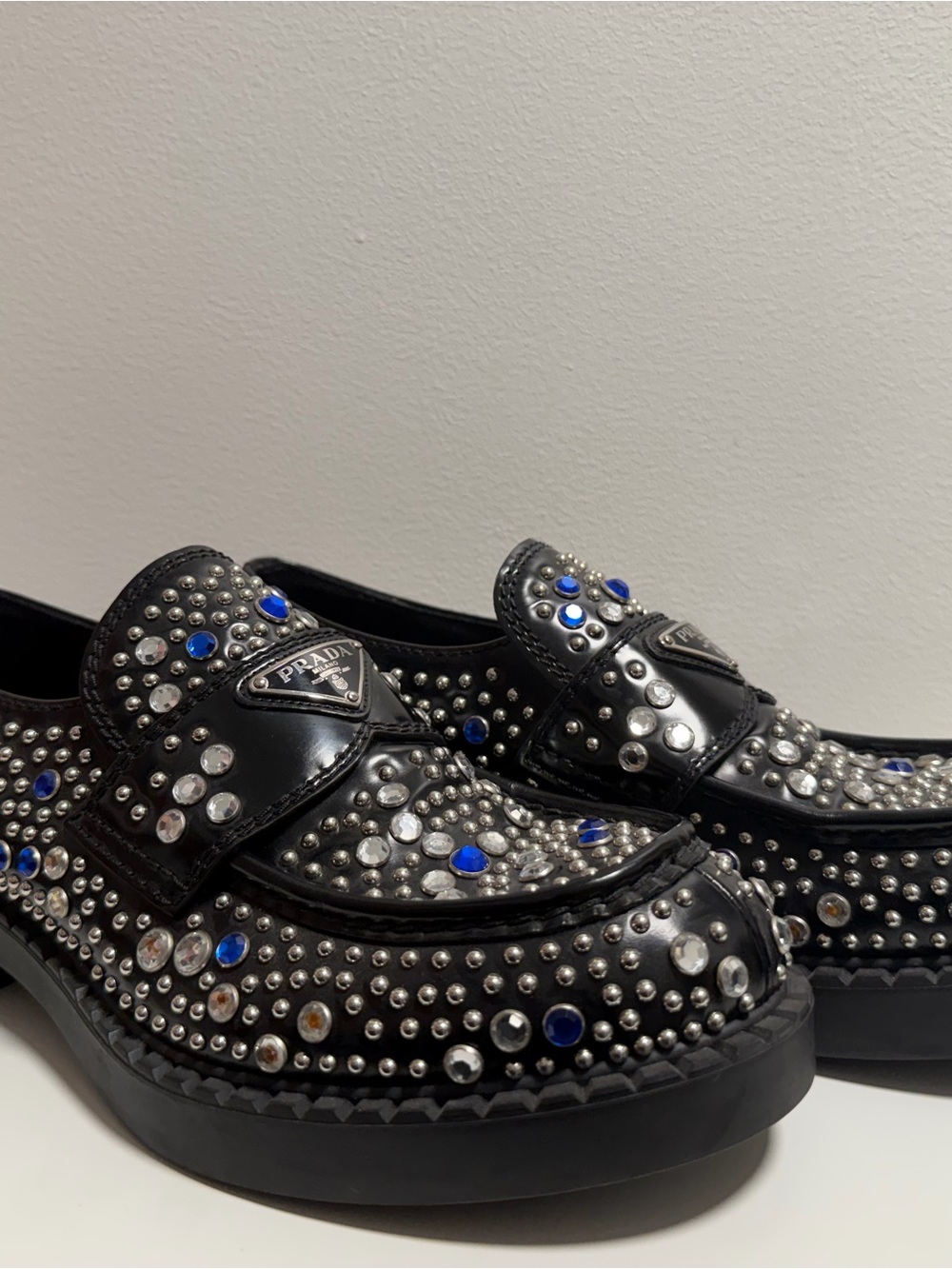 Prada Men’s Black Leather Studded Chocolate Loafers (UK 8, US 9.5)